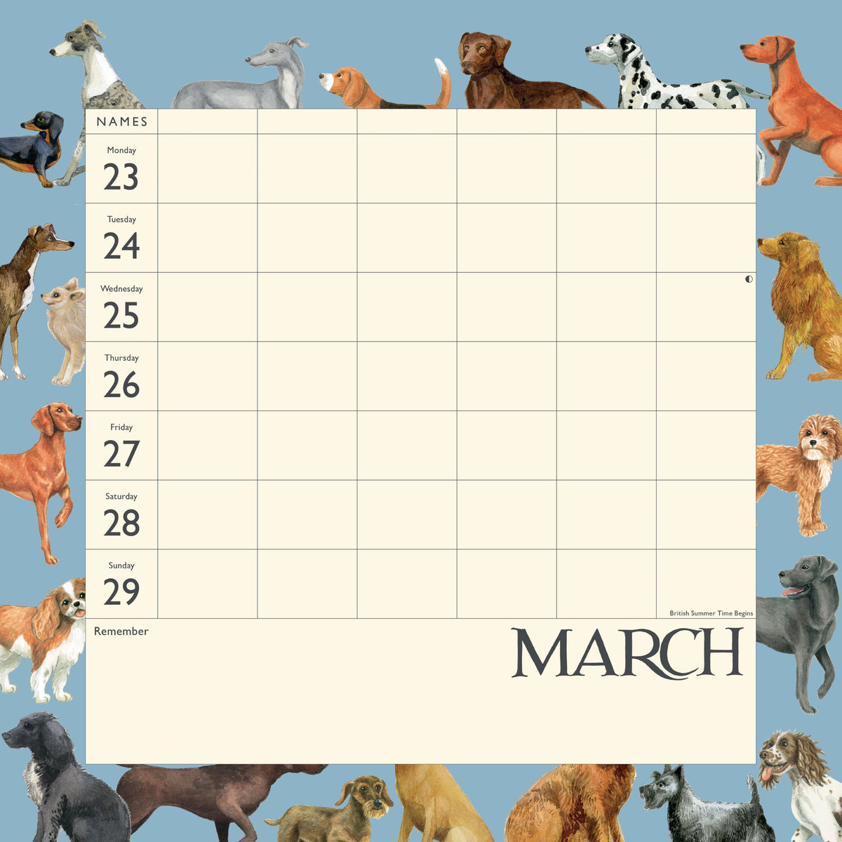 Calendar with March dates and illustrations of dogs on a blue background