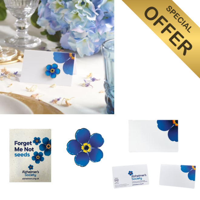 Alzheimer's Society Forget Me Not seeds packaging with blue flowers on a white background, plus pin badge, table card as a special offer.