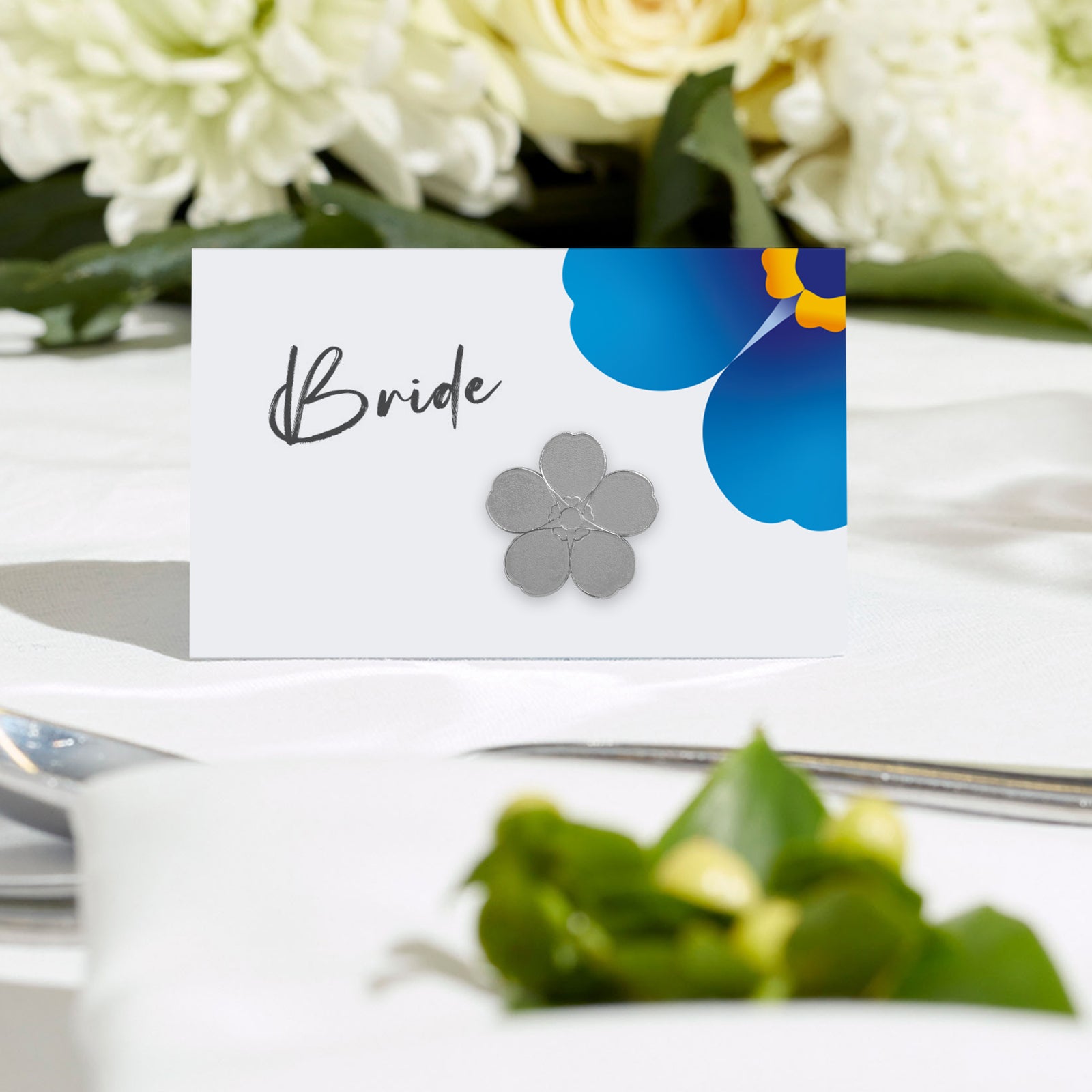 Silver metal forget-me-not flower pin badge and wedding table cards x 10