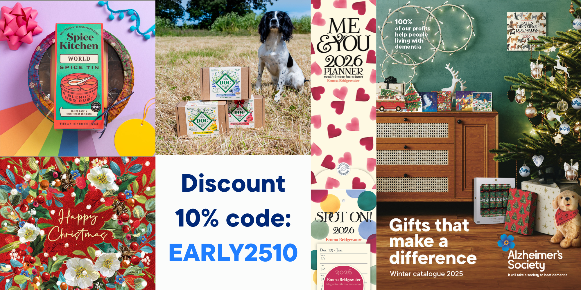 Collage of various products and promotional materials with a discount code overlay.
