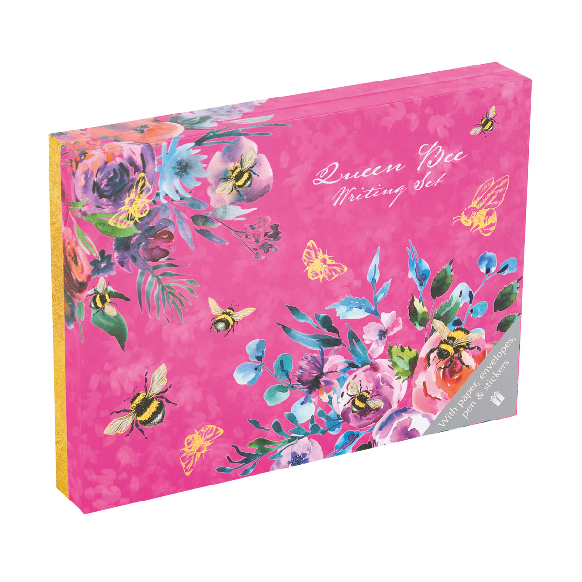Writing set packaging with floral and bee design on a pink background
