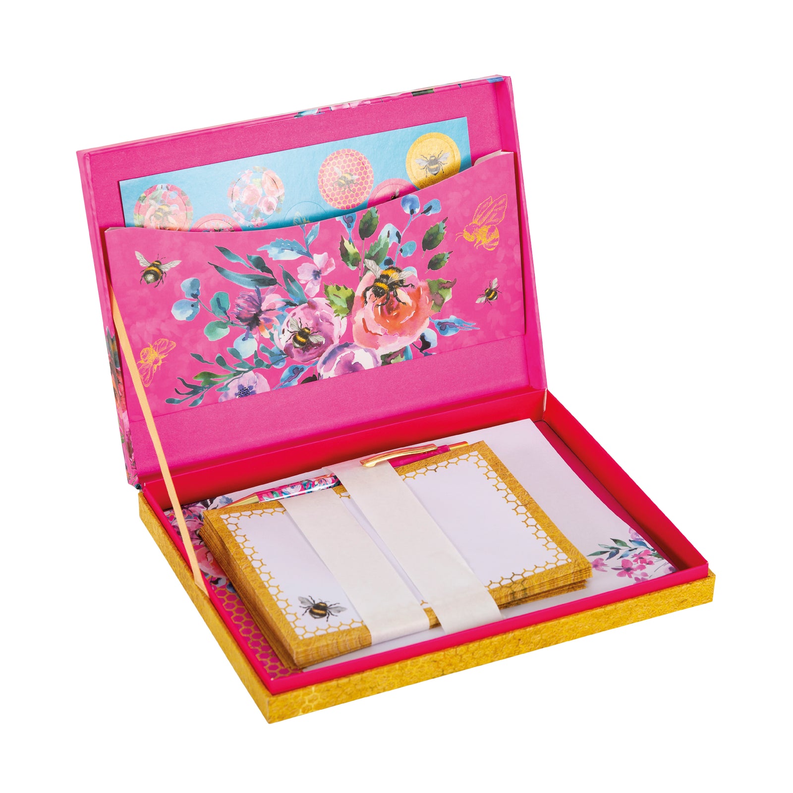 Floral notepaper and envelope set with pink and yellow box on a white background