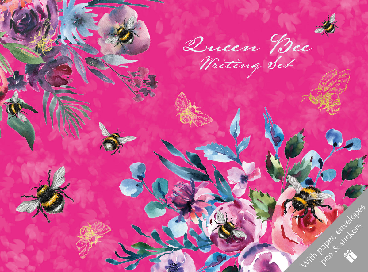 Writing set packaging with flowers, bees, and butterflies on a pink background