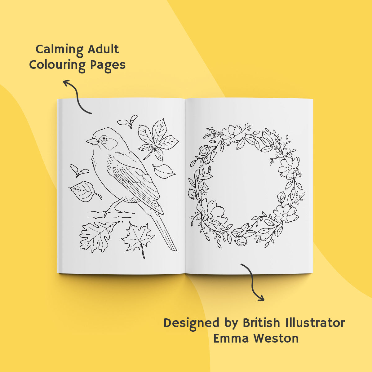 Open coloring book with a bird and floral wreath design on a yellow background, credited to British illustrator Emma Weston.