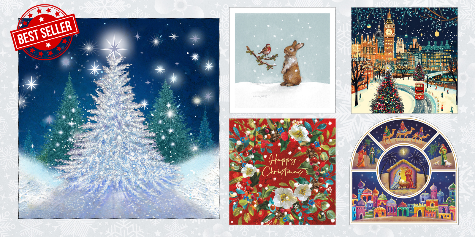 Best-selling charity Christmas cards featuring a snowy Christmas tree, a rabbit and robin in the snow, , festive London scene, floral Christmas greeting and nativity designs.
