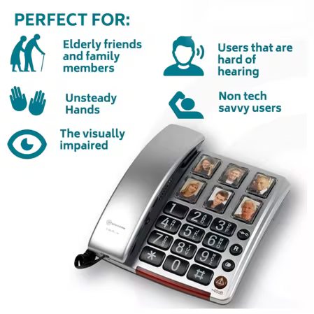 Silver Big button amplicomms phone with handy information