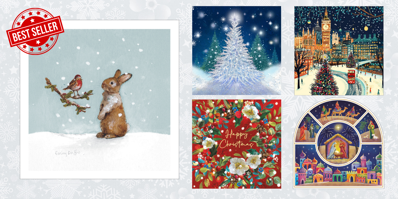 Best-selling charity Christmas cards featuring a rabbit and robin in the snow, snowy Christmas tree, festive London scene, floral Christmas greeting and nativity designs.