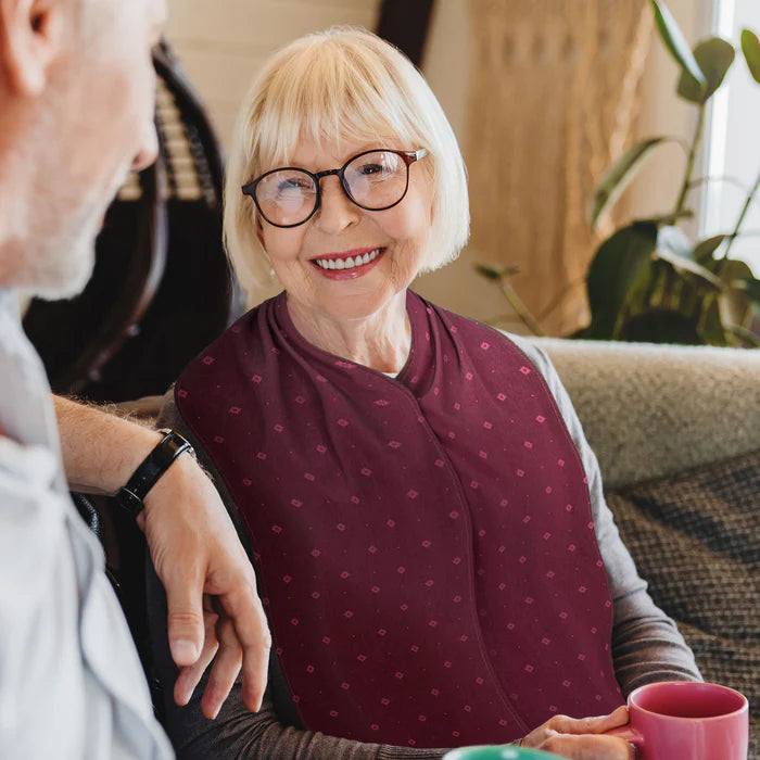 Burgundy straight scarf clothes protector on lady