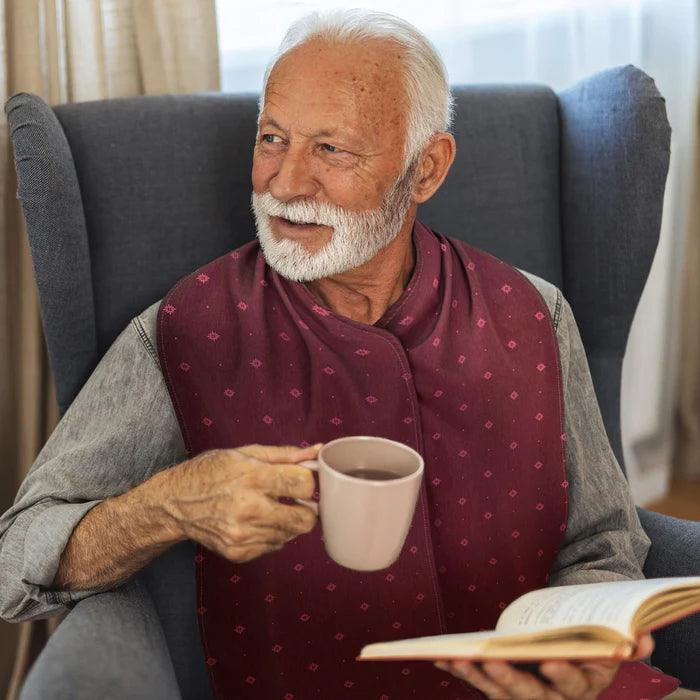Burgundy straight scarf clothes protector on man with book and cup of coffee
