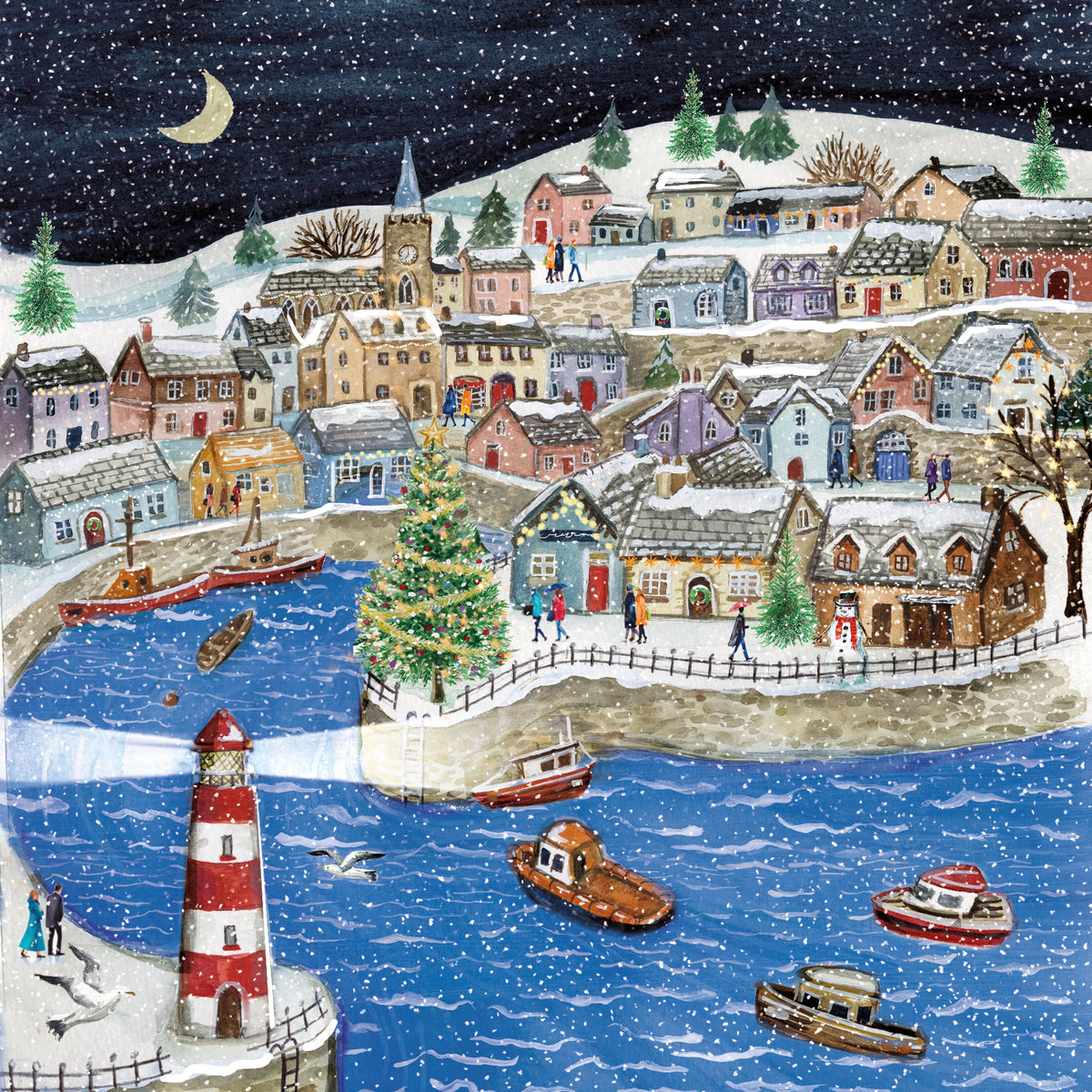 Winter Christmas harbour scene with a lighthouse and snowman.