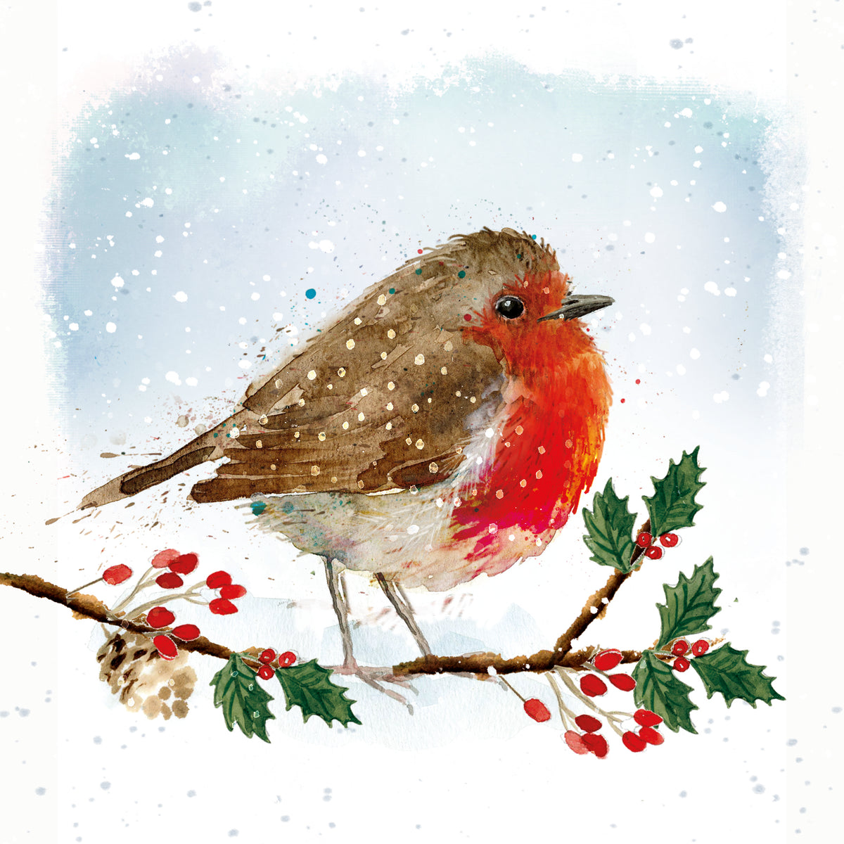 Jolly robin on a holly branch with a snowy scene background.