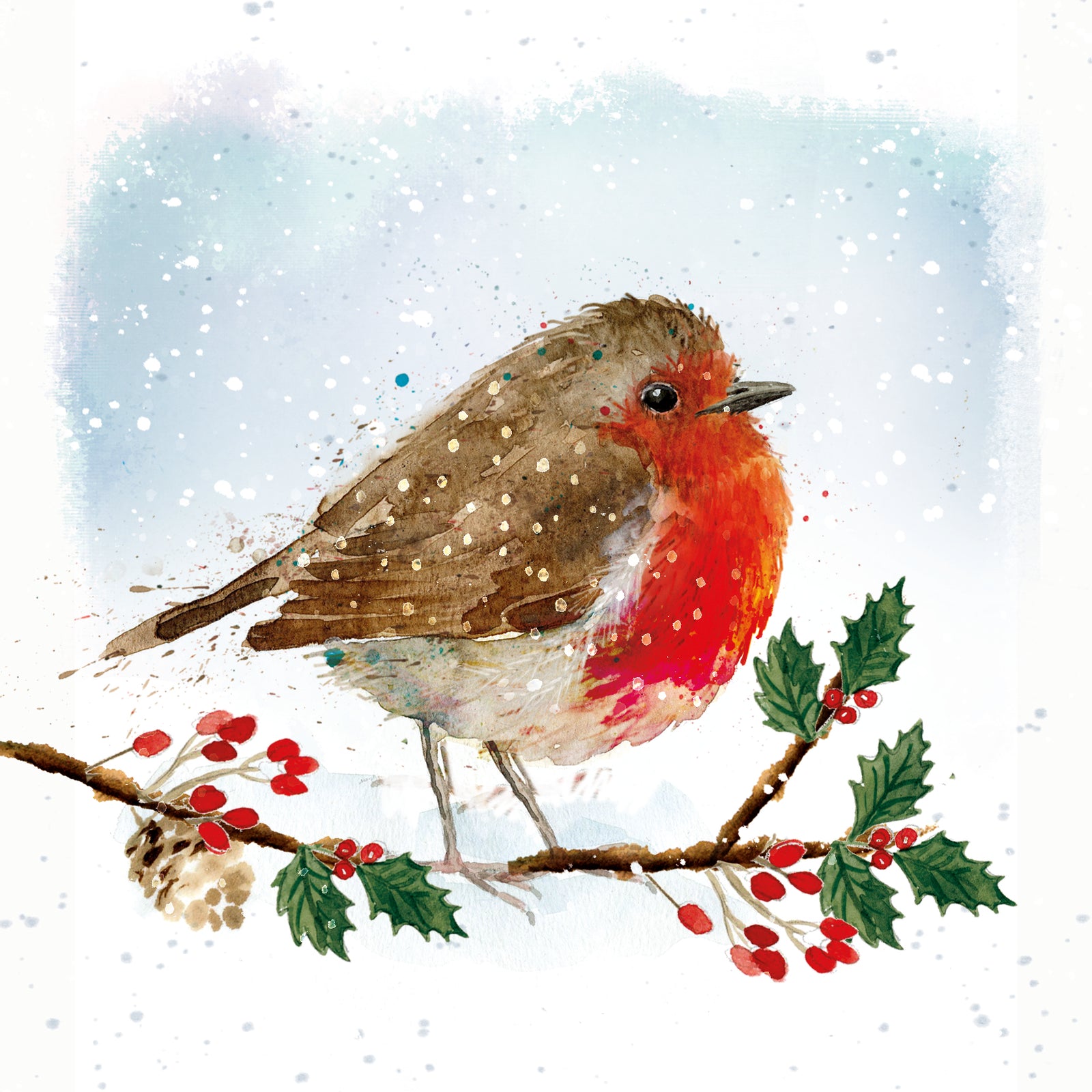 Jolly robin on a holly branch with a snowy scene background.