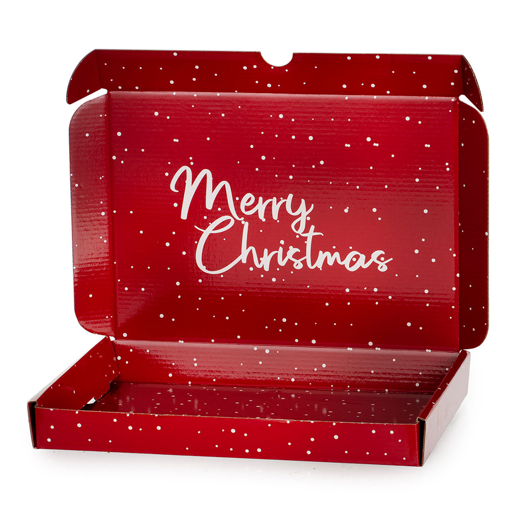 Red &#39;Merry Christmas&#39; box with white text on a white background