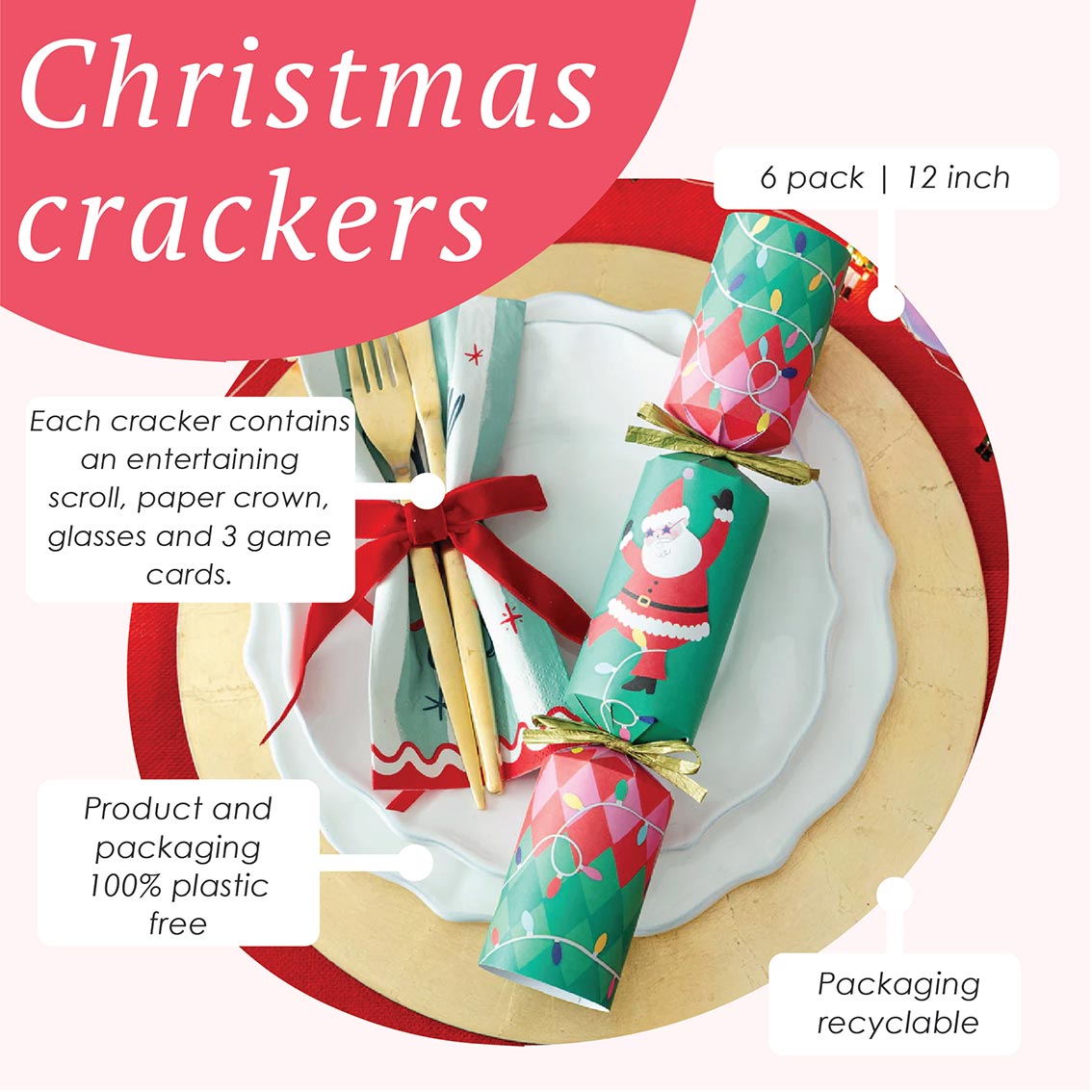 Christmas crackers on a plate with text about product and packaging details.