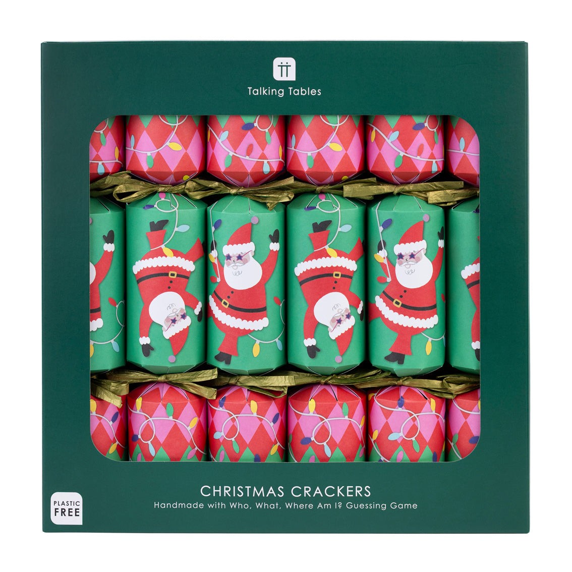 Box of Christmas crackers with Santa design, brand 'Talking Tables' visible
