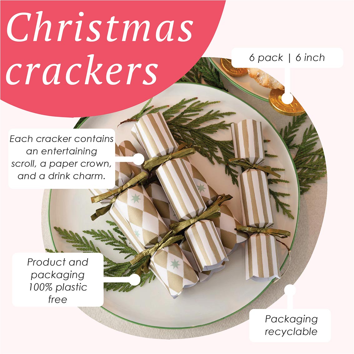 Christmas crackers on a plate with text about product and packaging details.