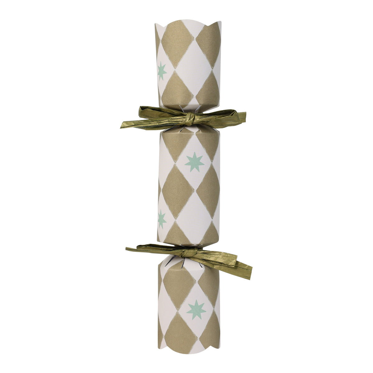 Two wrapped Christmas crackers with argyle pattern and green ribbons on a white background