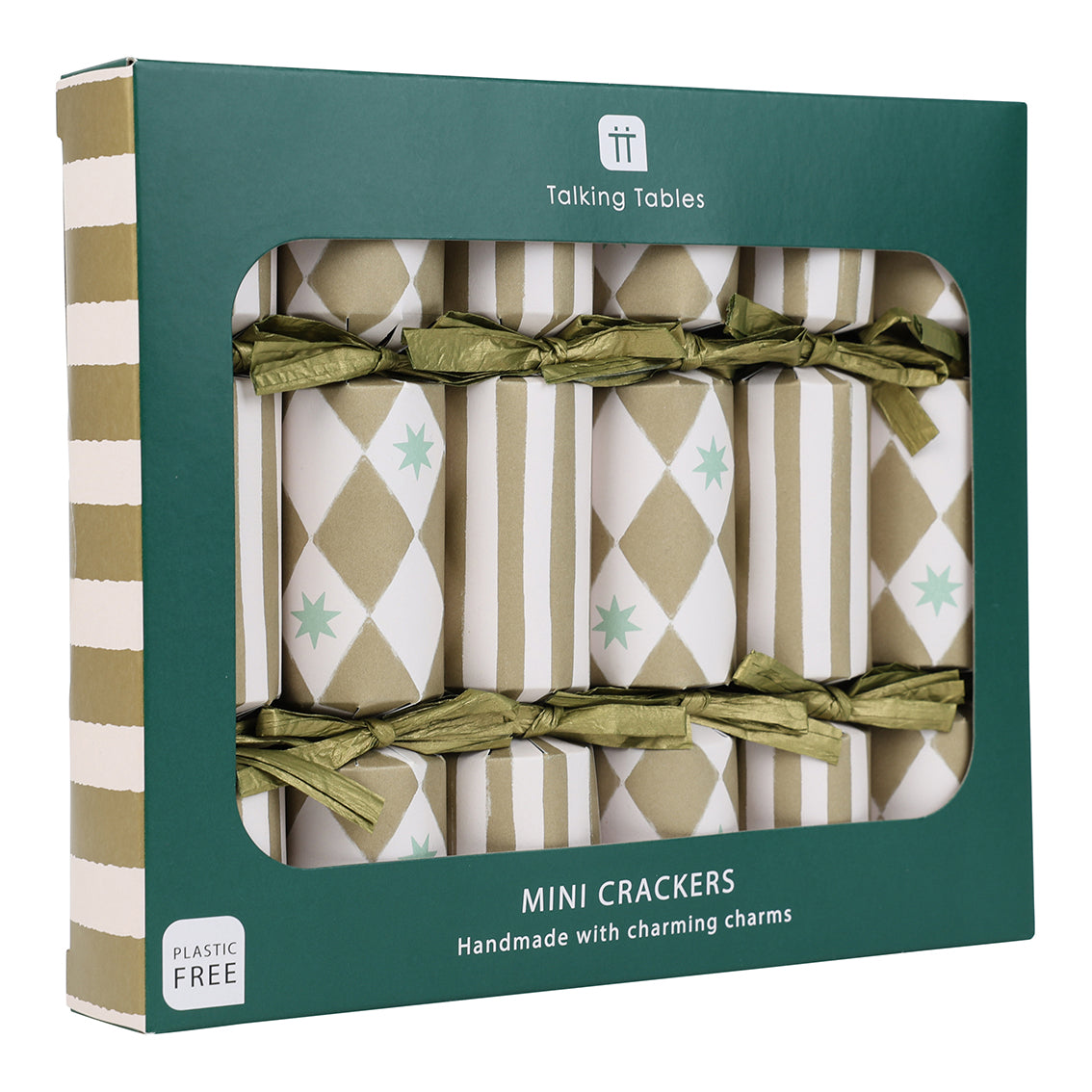 Packaged mini crackers with green ribbons and 'Talking Tables' branding.