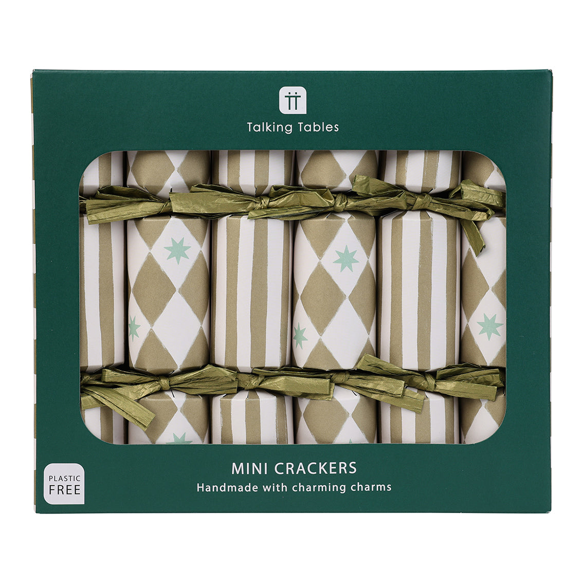 Packaging of mini crackers with a green bow, featuring the brand 'Talking Tables'.
