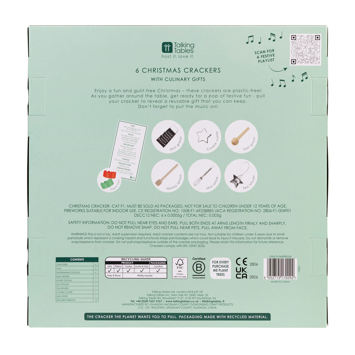 Back of a Christmas cracker packaging with text and graphics on a light green background