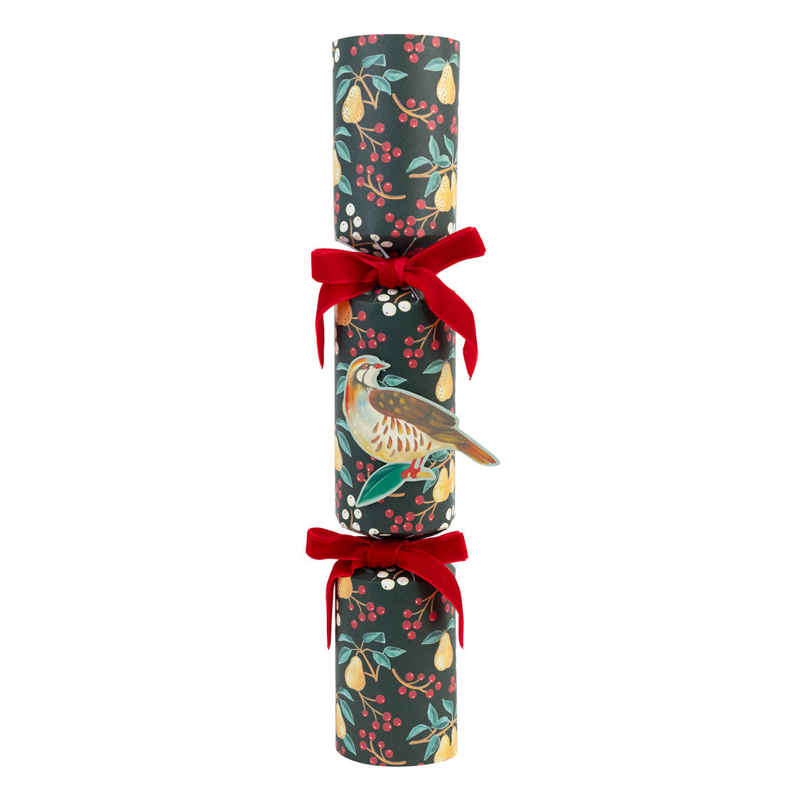 Roll of decorative paper with bird and berry design, tied with a red ribbon on a white background.