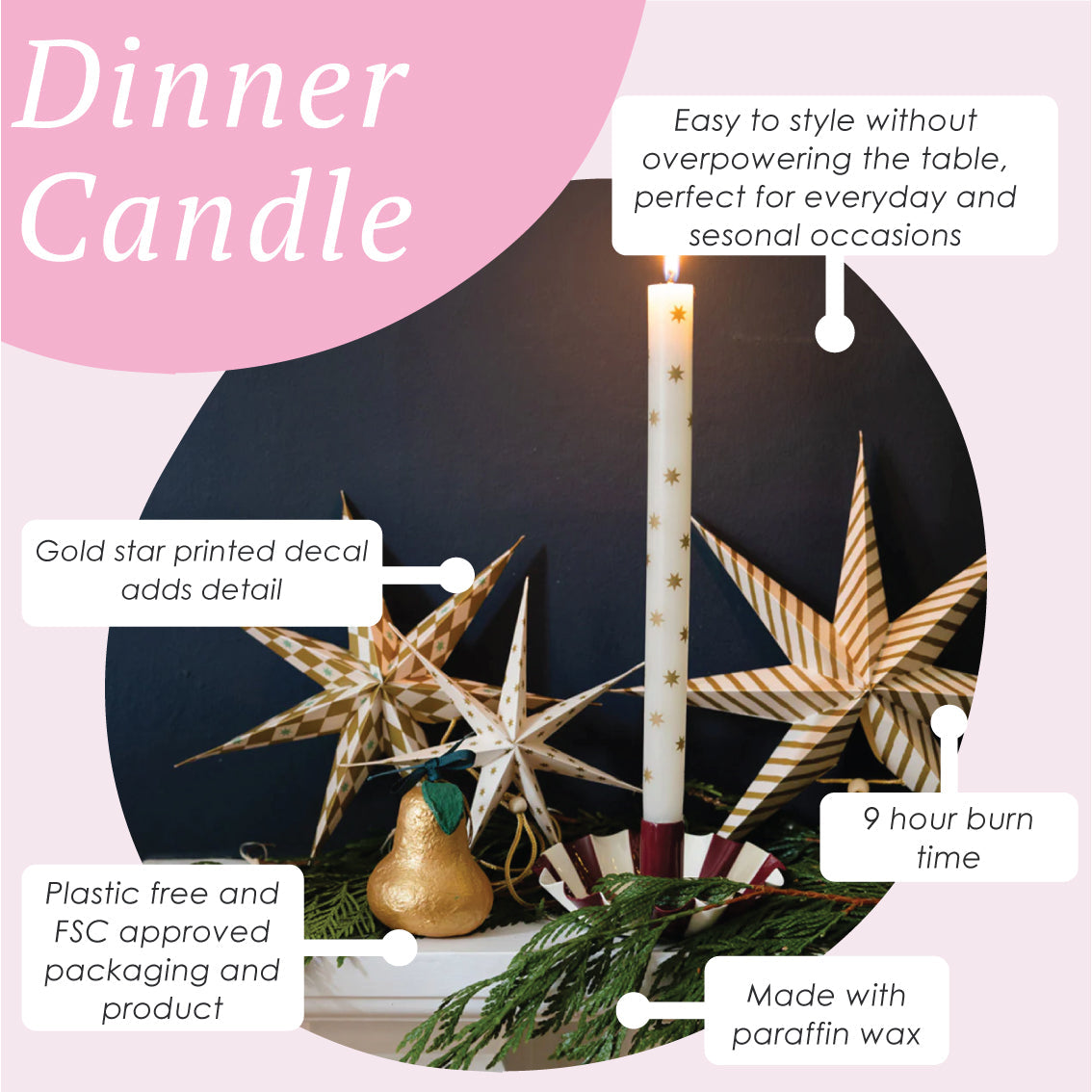 Dinner candle with decorative elements on a dark background, featuring text about product features.