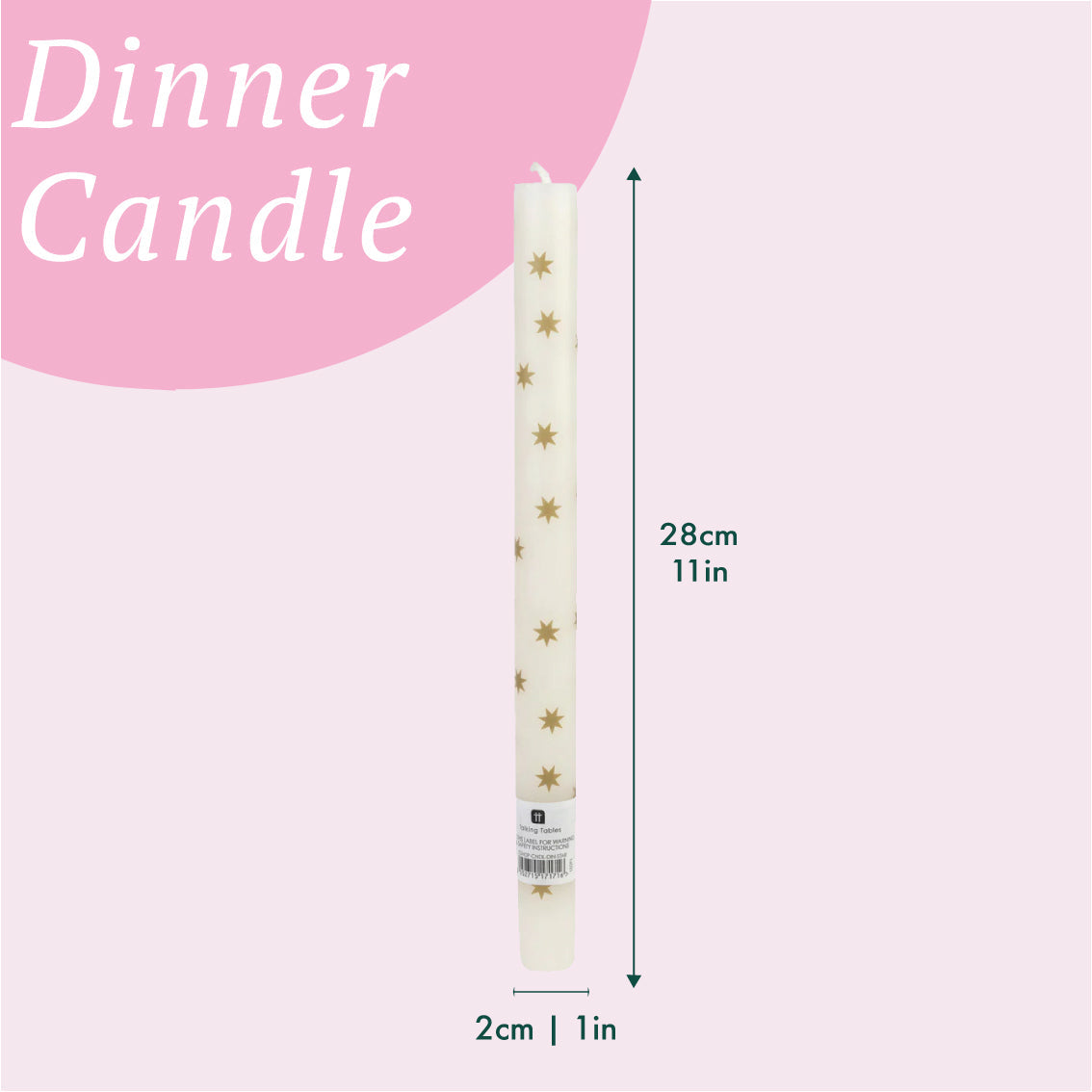 An off-white taper candle with gold star patterns, shown with dimension markings indicating a height of 28cm (11in) and a width of 2cm (1in) on a pale pink background with a pink graphic shape and the text 'Dinner Candle'.
