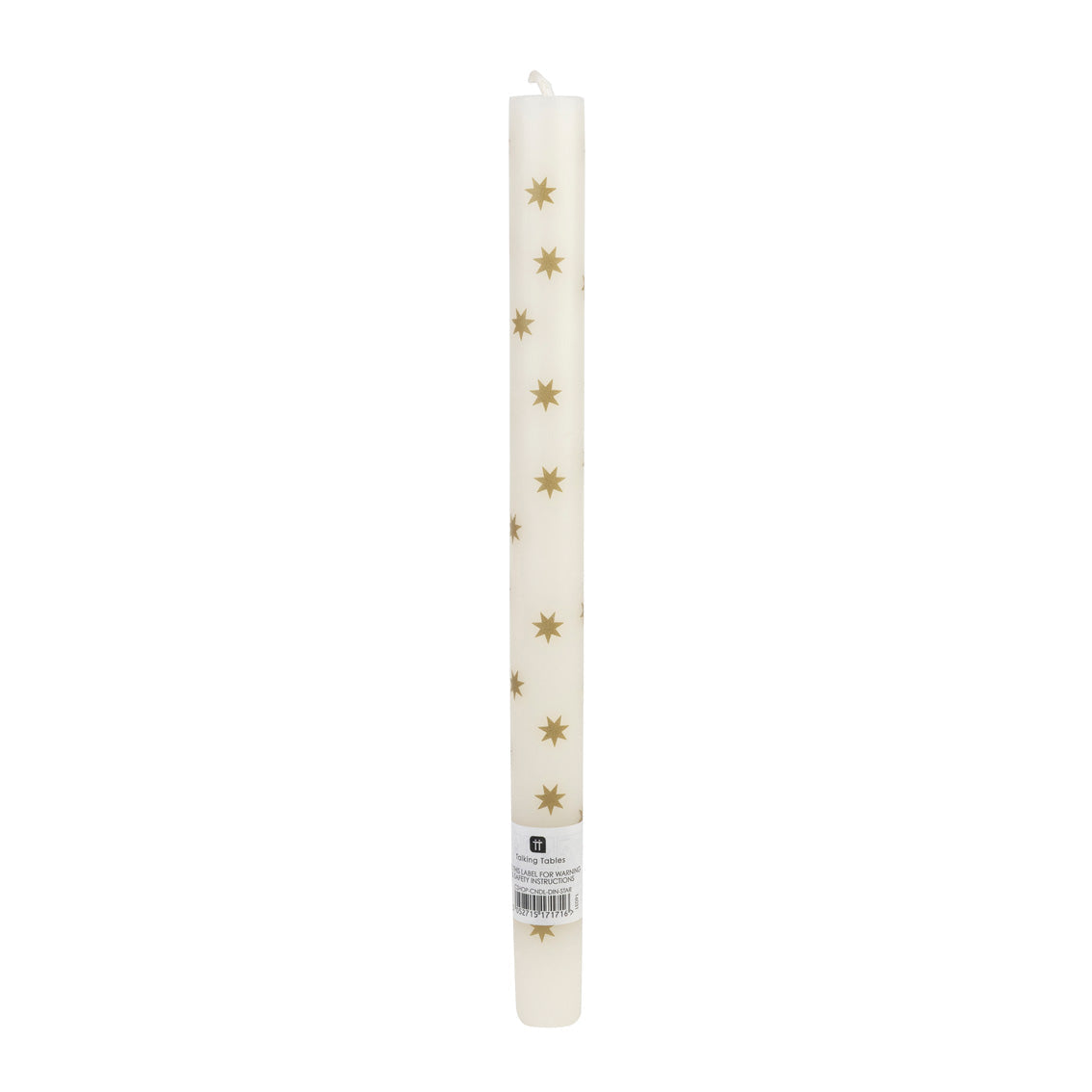 White candle with gold star patterns on a white background