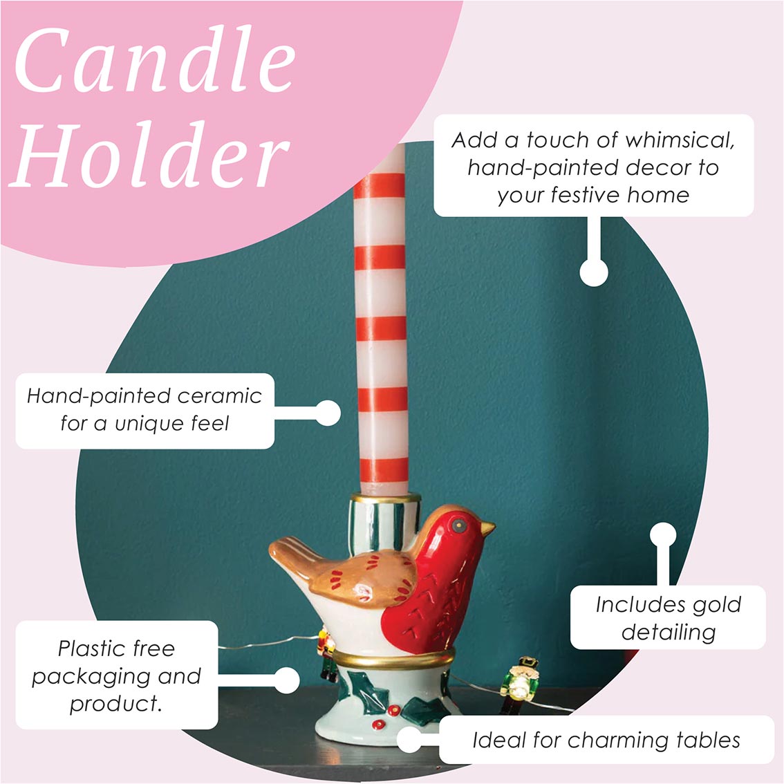 Candle holder with red and white striped candle, bird design, and gold detailing on a pink and green background.