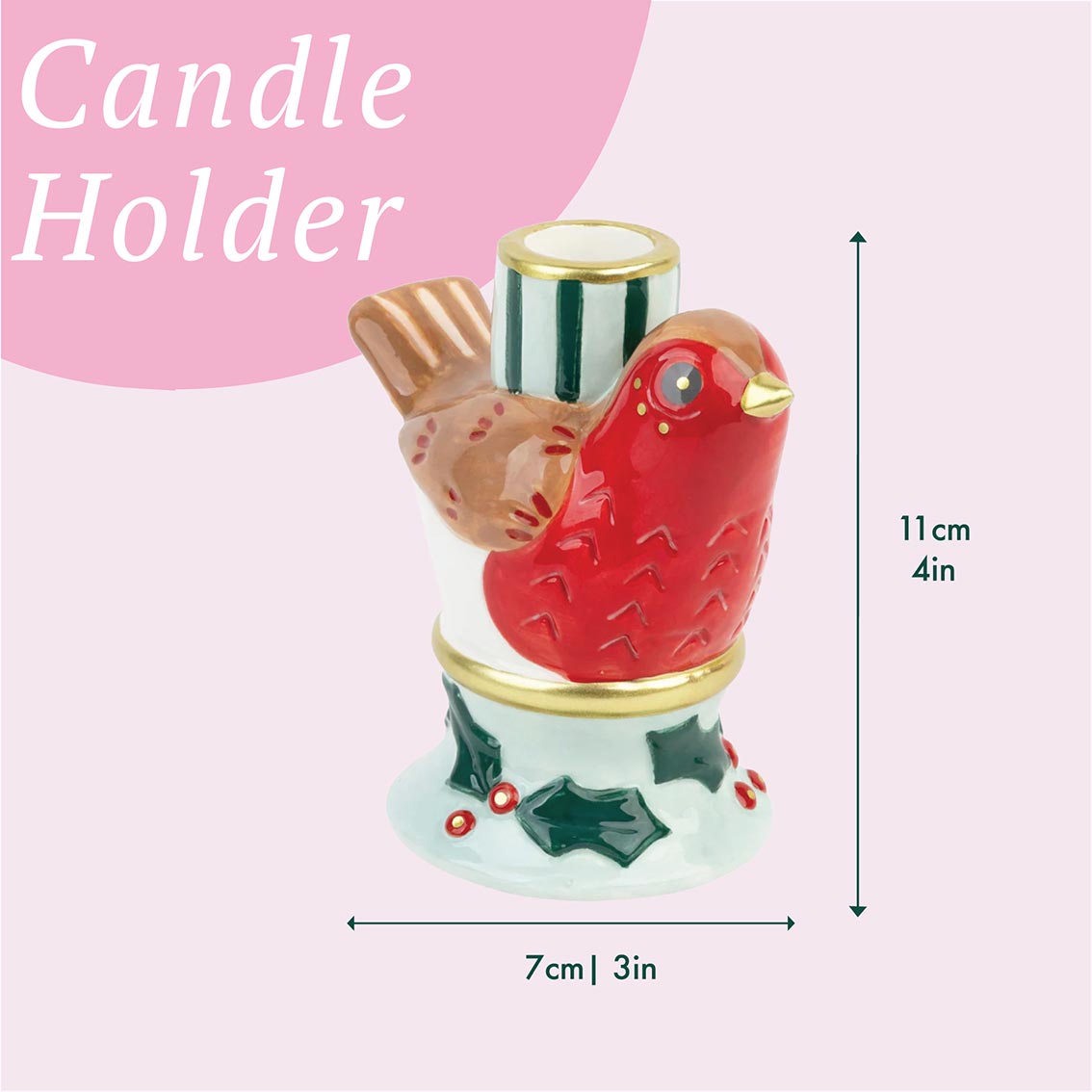 Candle holder with bird design and measurements on a pink background