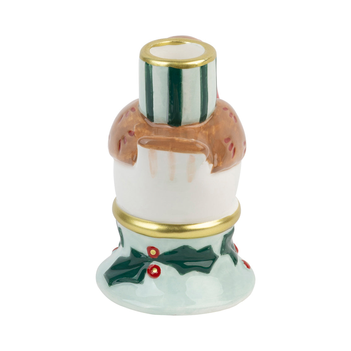 Decorative robin candle seen from the robin's tail with holly design on a white background