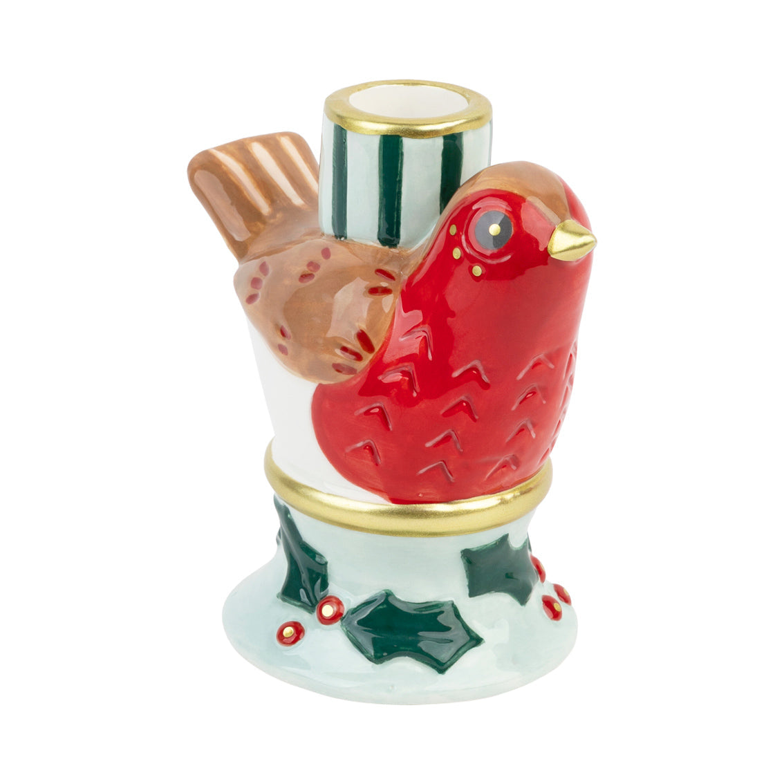 Decorative candle holder shaped like a red bird with gold accents on a white background