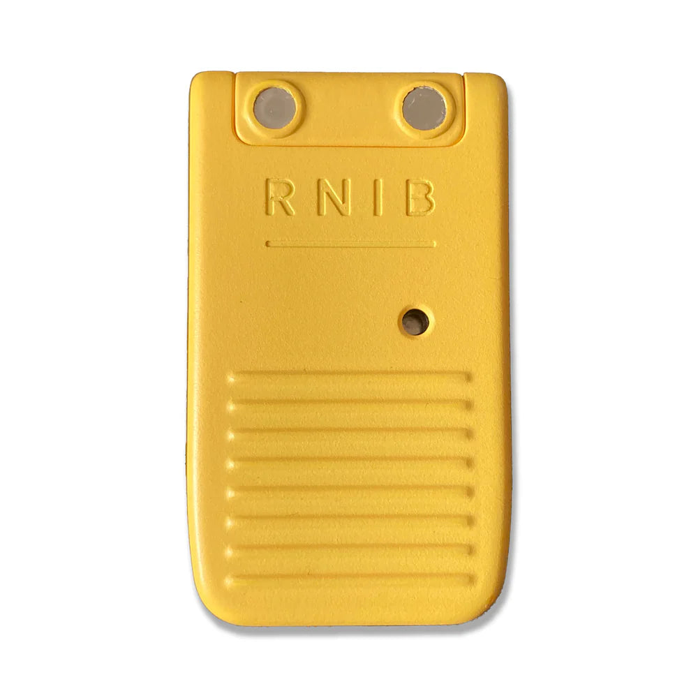 Yellow rectangular liquid level indicator with &#39;RNIB&#39; branding on a white background