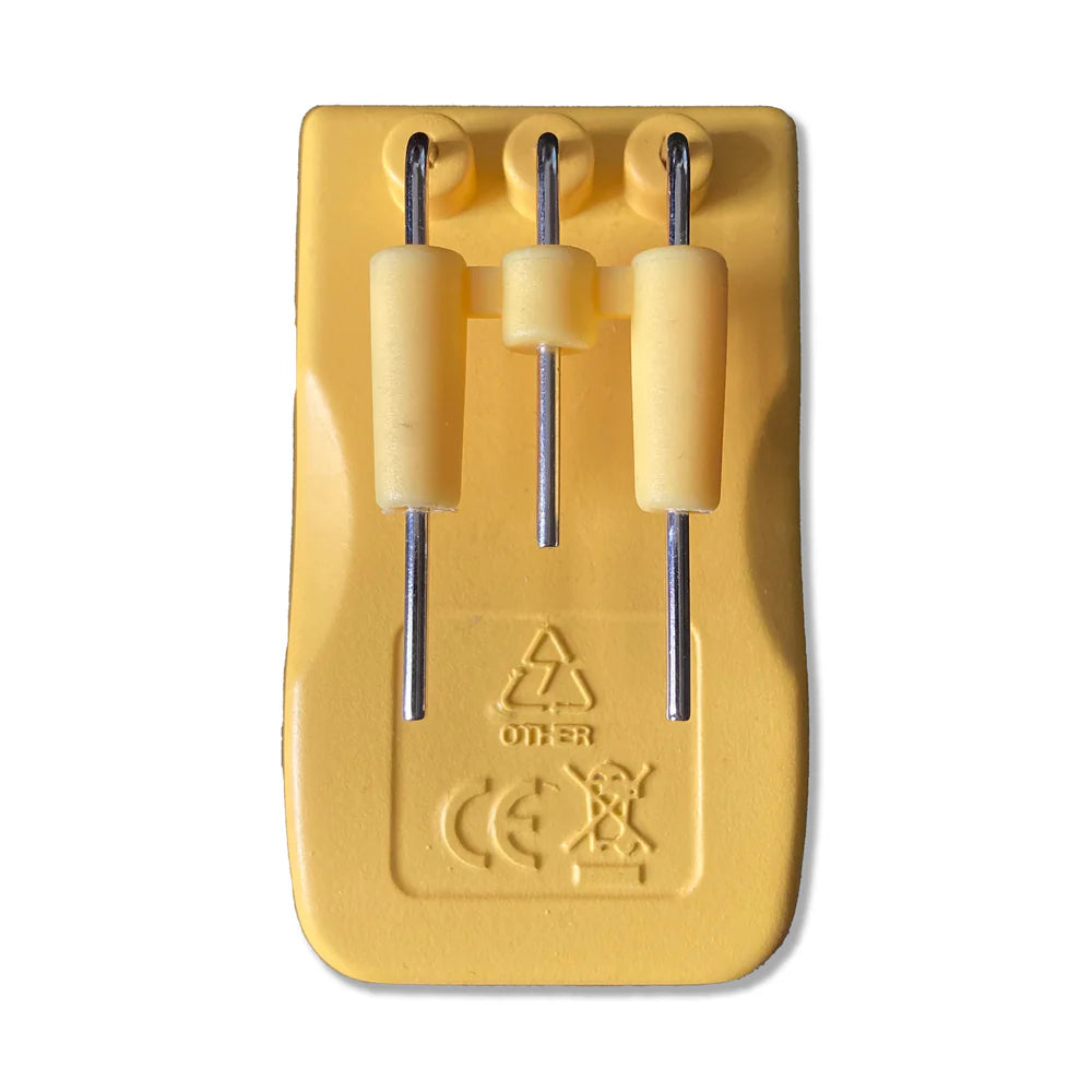 Yellow tool with three cylindrical components on a white background