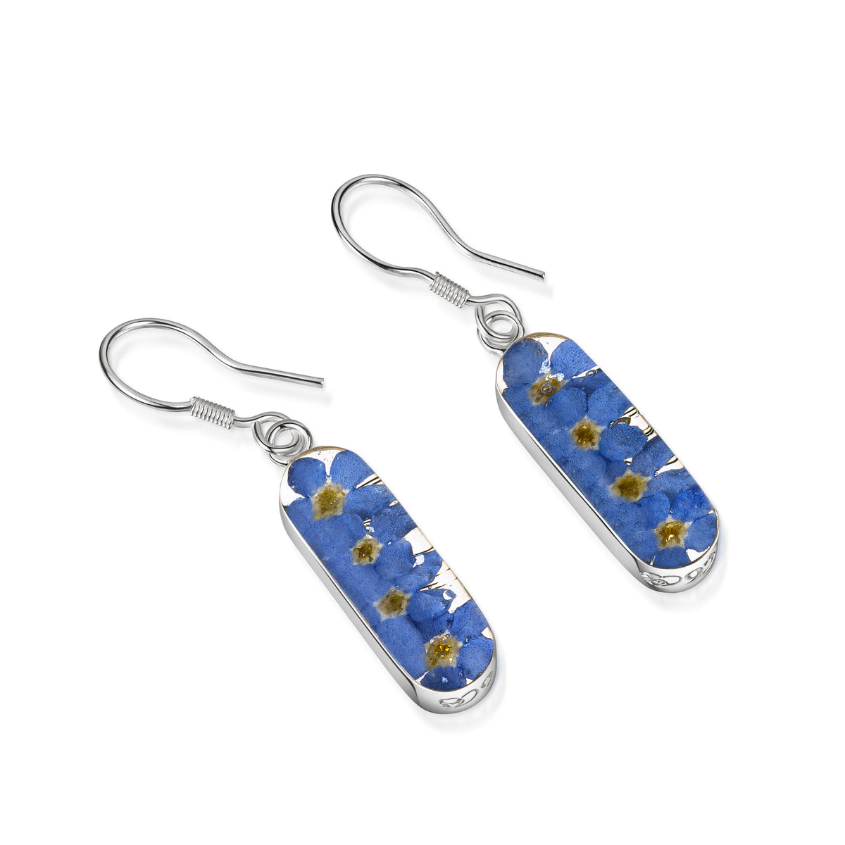 Silver lozenge shaped forget-me-not earrings on a dangle drop earring piece, photographed on a white background.