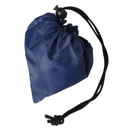 Blue drawstring bag in a pouch on a white background