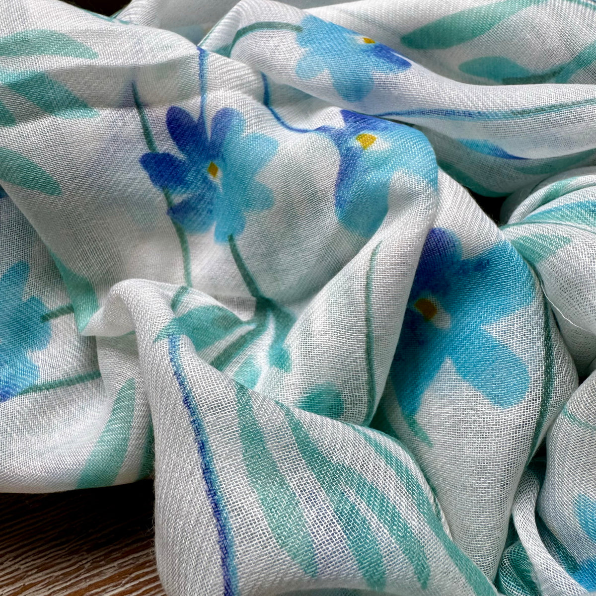 Close-up of fabric with blue floral patterns on a white background