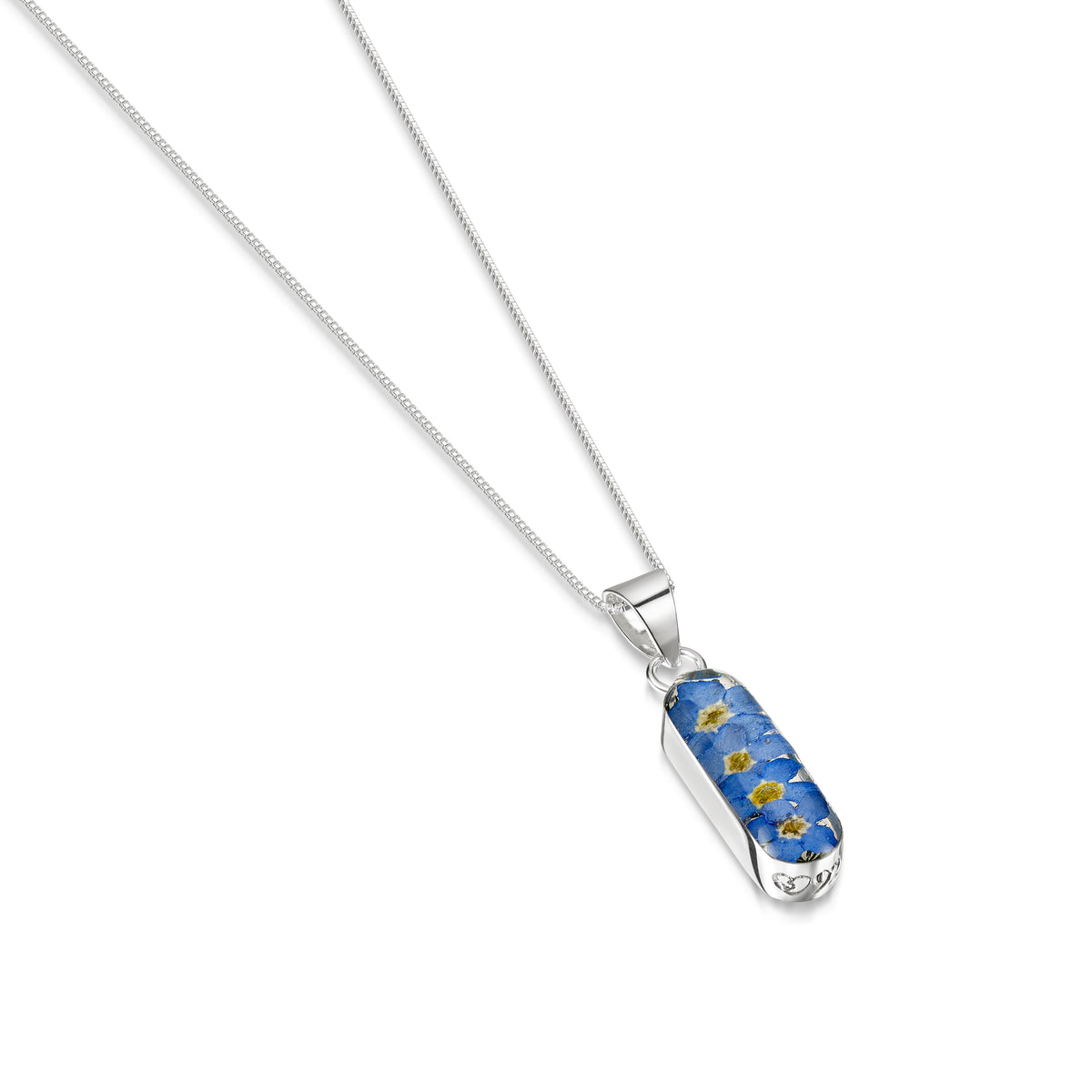 Forget-me-not lozenge pendant on a silver chain, photographed on a white background.