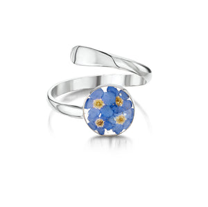 Forget-me-not silver circle adjustable twist ring