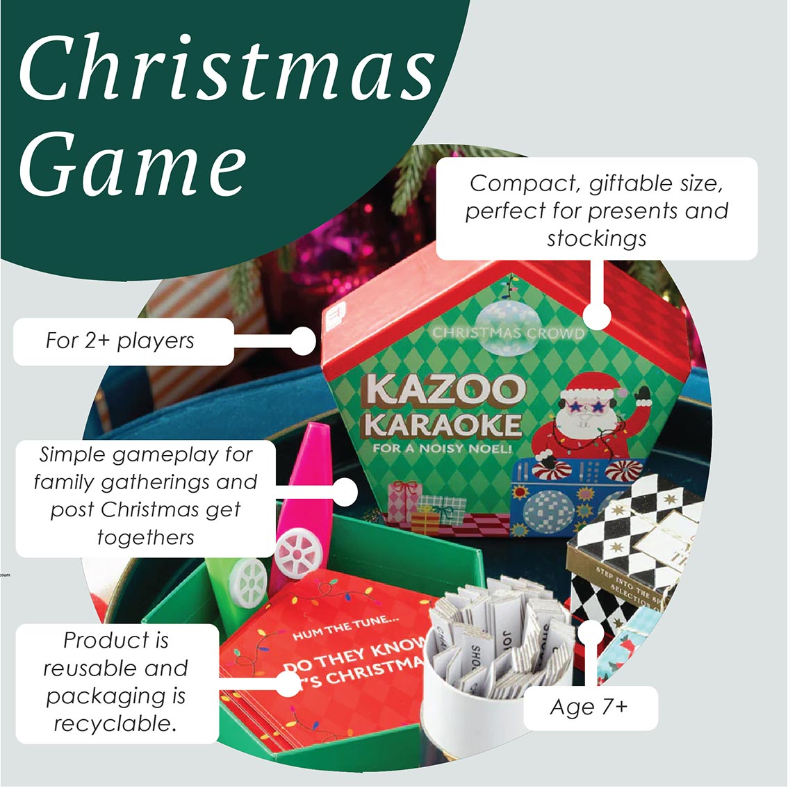 Kazoo Karaoke game box with text highlighting features on a gray background