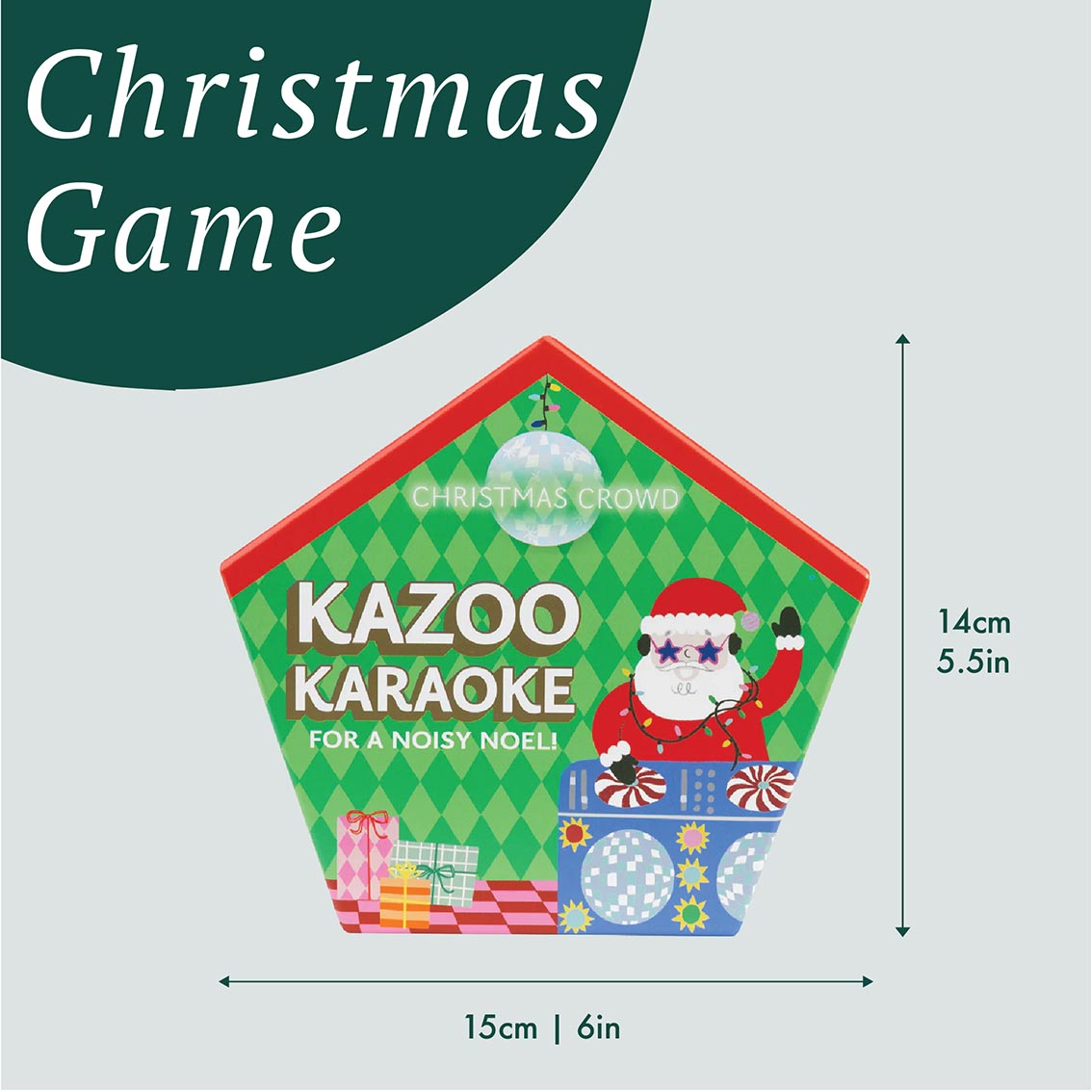 Kazoo Karaoke Christmas game packaging with dimensions on a light gray background