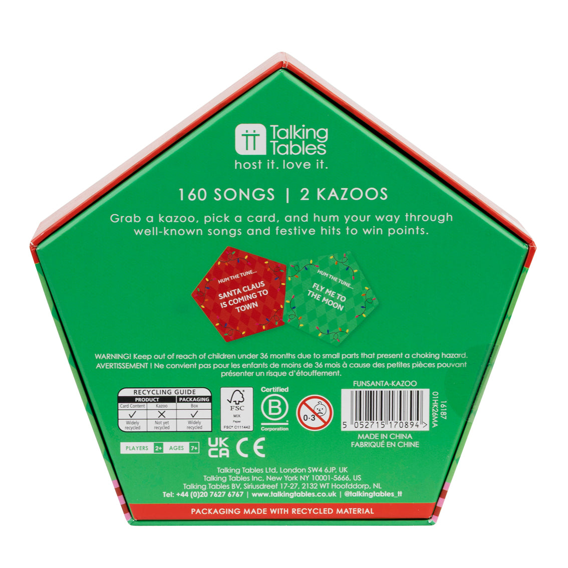 Pentagonal packaging of Talking Tables product with green background and red edges.