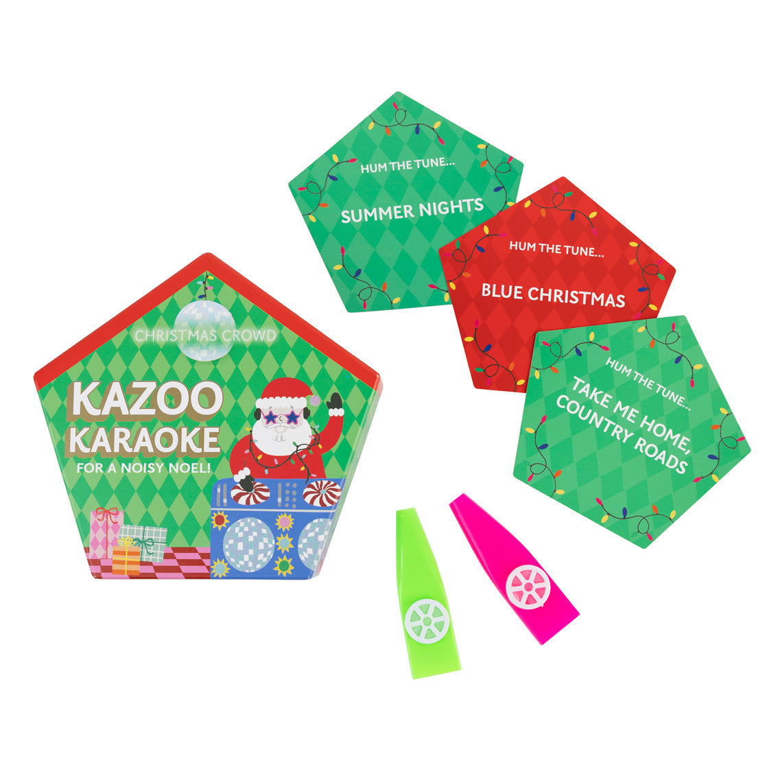 Kazoo Karaoke packaging with colourful pentagonal design on a white background