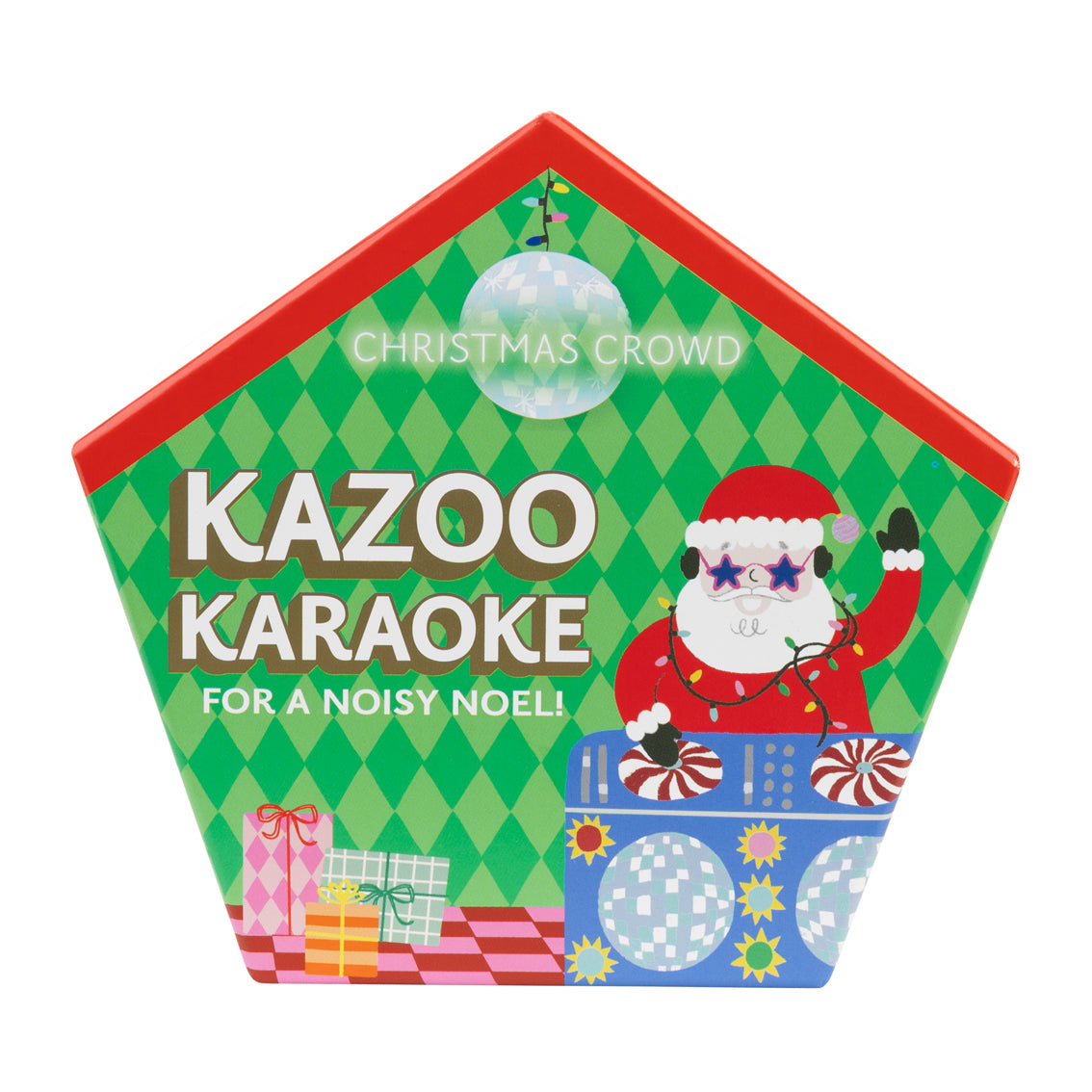 Kazoo karaoke product with Santa Claus design on a green and red checkered background