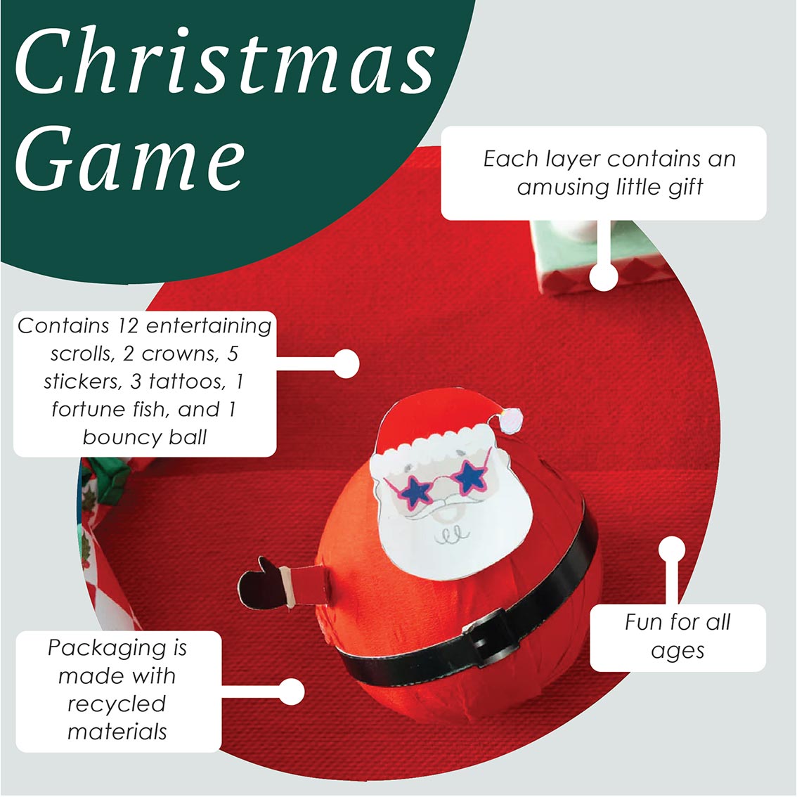 Red Santa Claus paper ball with packaging details on a grey background