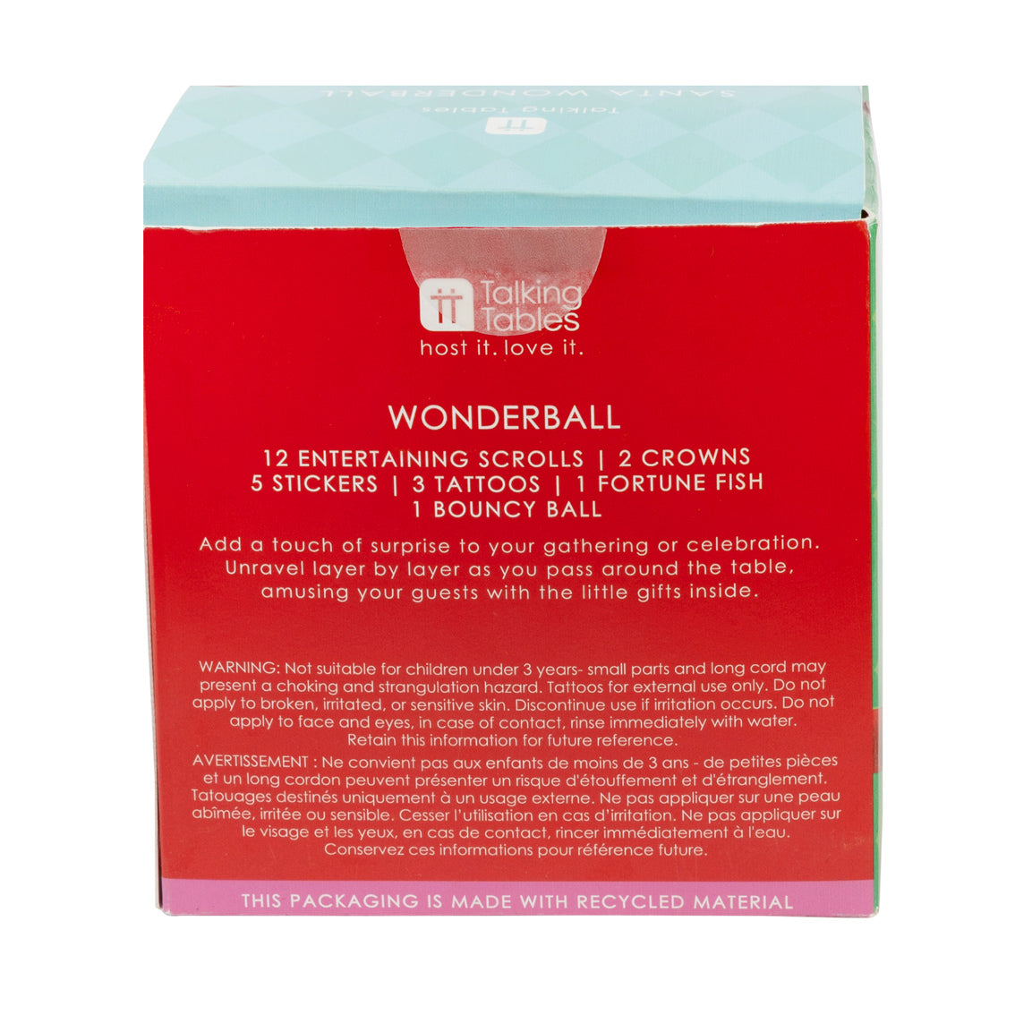 Box of Wonderball product by Talking Tables with red and blue design