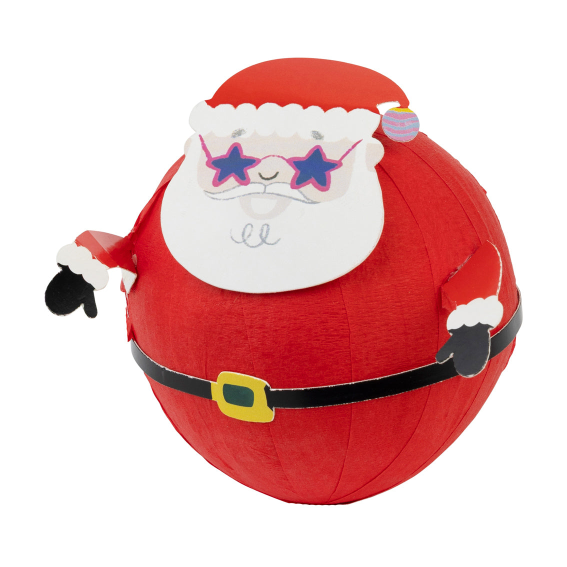 Red paper ball with Santa Claus face and sunglasses on a white background