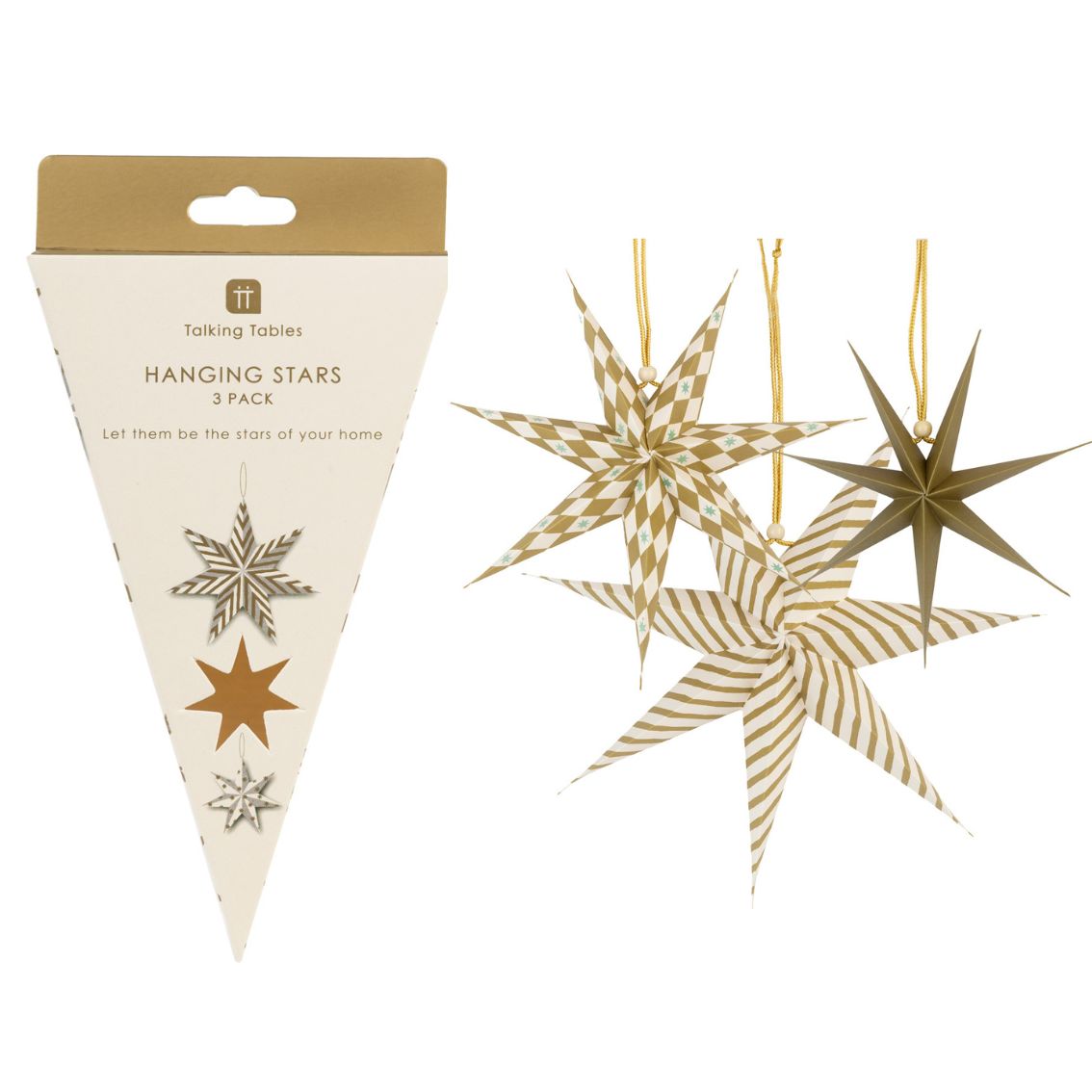 Packaging of Talking Tables hanging stars with three decorative stars on a white background