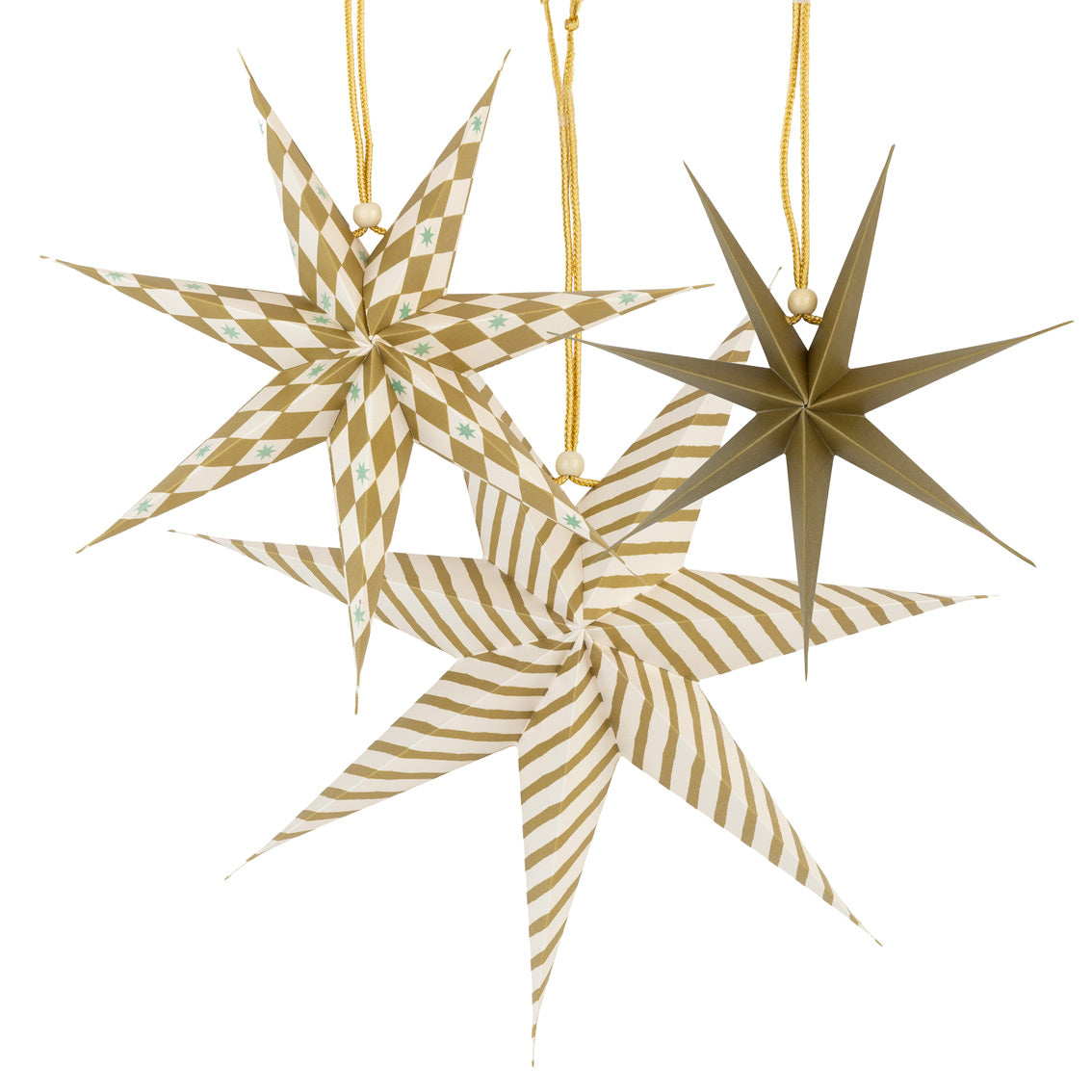 Three star-shaped decorations with gold and white patterns on a white background