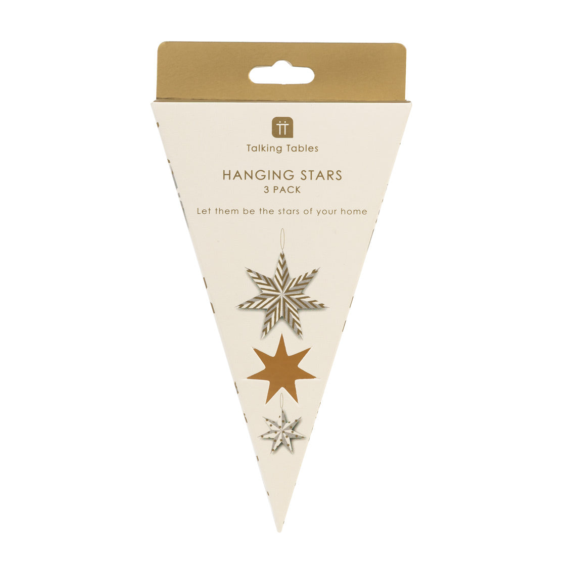 Packaging of hanging stars with gold and silver designs on a white background
